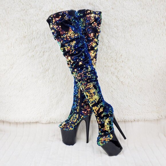 Sequin Platform 8" Heels Thigh High Slouch Boots Flamingo 3004 - Picture 5 of 16